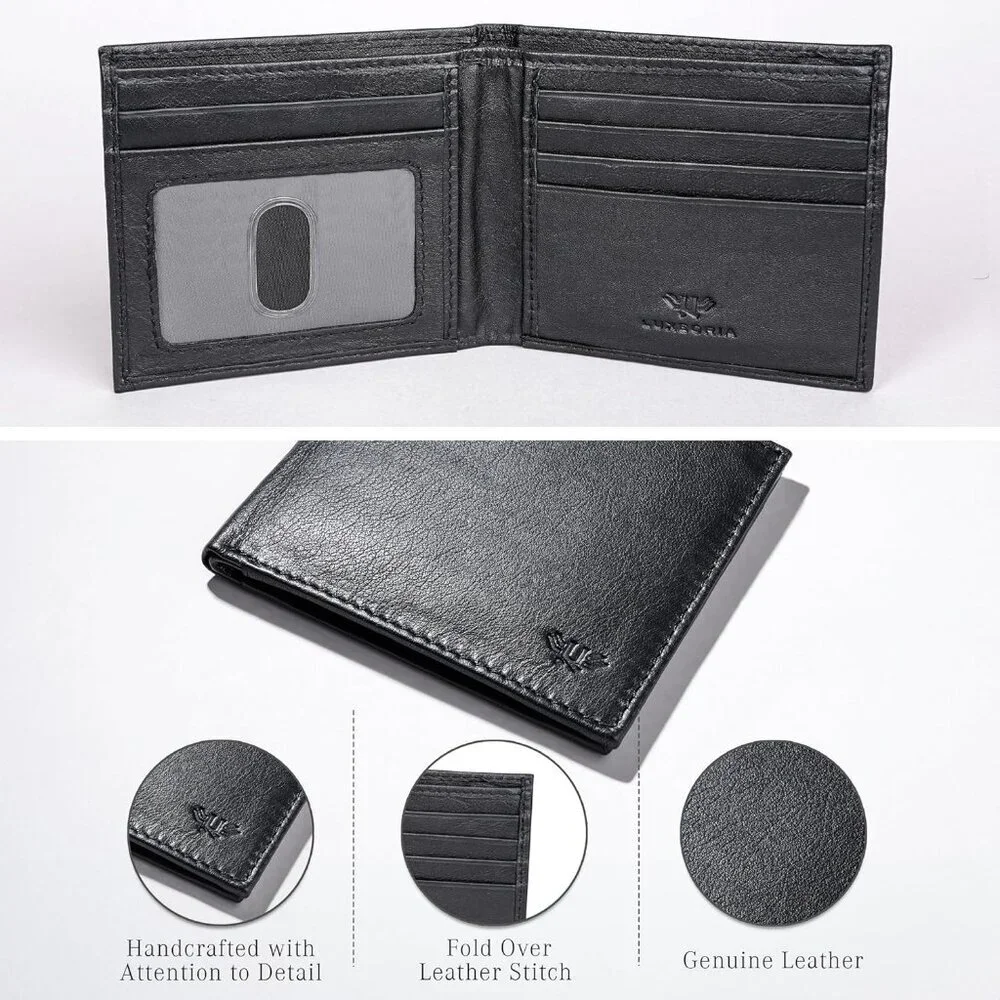 Men's Fashion Genuine Leather Slim Bifold Black Wallet Card Stylish Blocking